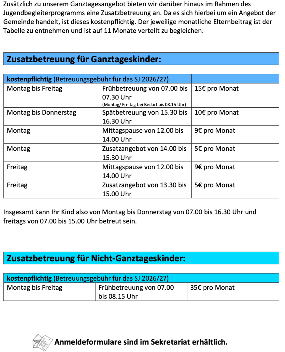 Tabelle Gebühren Zusatzbetreuung SJ 2627